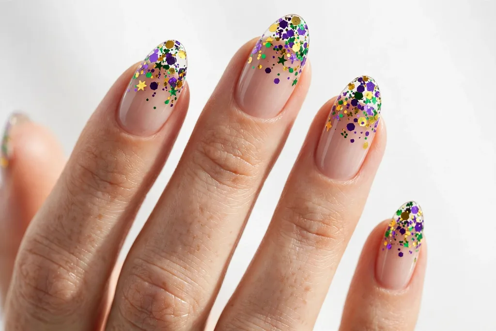 Carnival Confetti Mardi Gras French Tip Nails Mardi Gras French tip nails with clear tips scattered with purple, green, and gold confetti glitter on a sheer nude base, shown on medium almond nails.