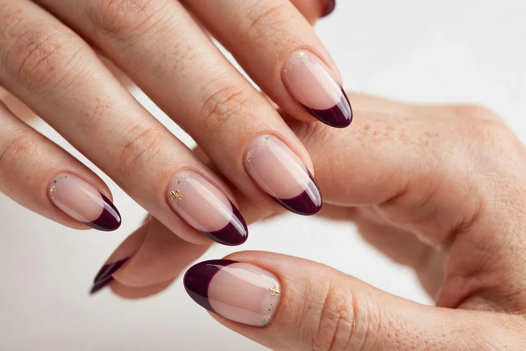 Deep Plum Mardi Gras French Tip Nails Mardi Gras French tip nails with deep plum glossy tips on a sheer nude base, shown on medium almond nails.