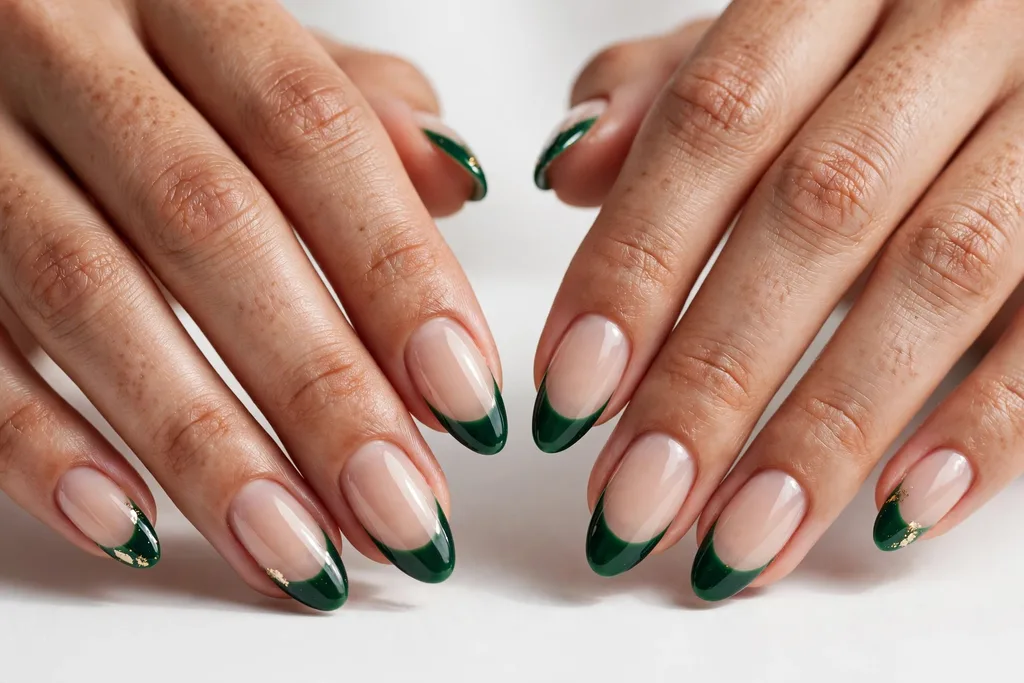 Emerald Green Mardi Gras French Tip Nails Mardi Gras French tip nails with deep emerald green glossy tips on a sheer nude base, shown on medium almond nails.