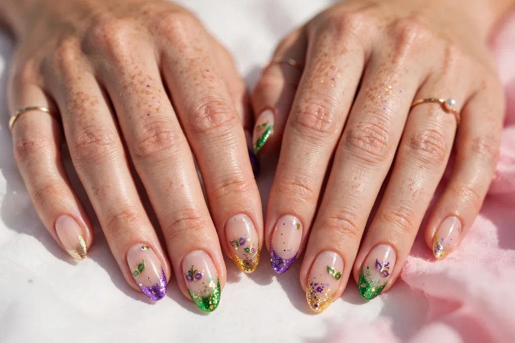 Mardi Gras French tip nails with purple, green, and gold tips, glitter accents, and tiny mask art on a sheer nude base, shown on a woman's hands against a white and soft pink background.