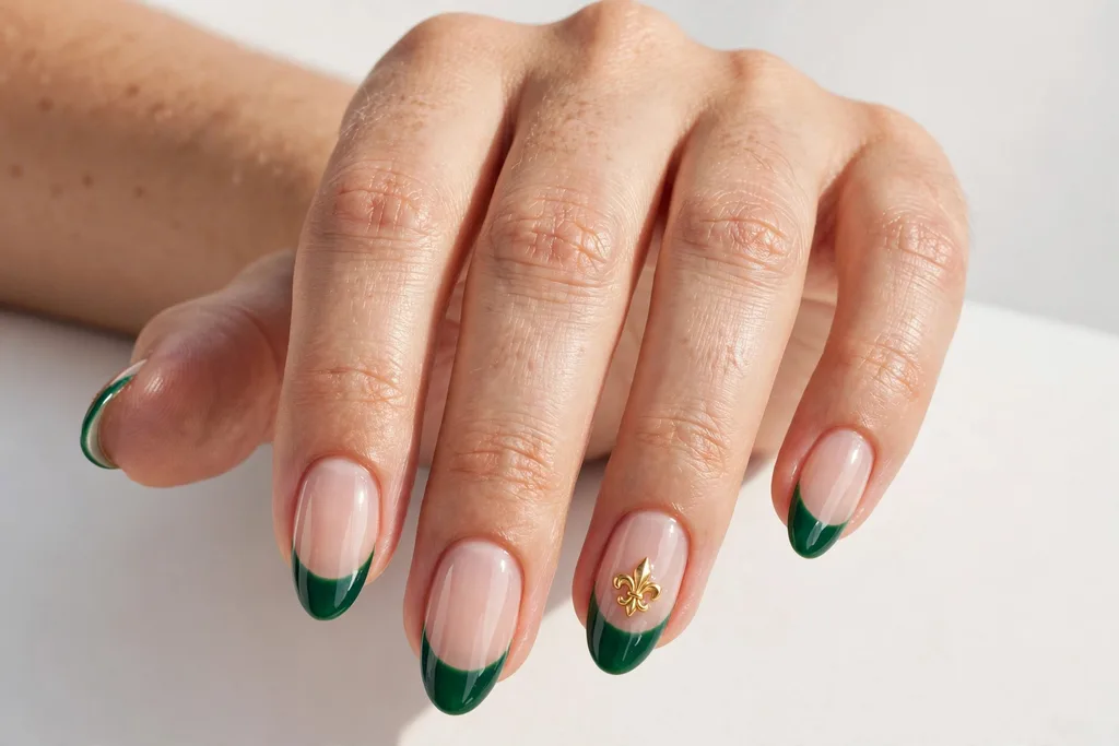 Fleur-de-Lis Accent Mardi Gras French Tip Nails Mardi Gras French tip nails with emerald green tips and a small gold fleur-de-lis accent on one nail, shown on medium almond nails with a sheer nude base.