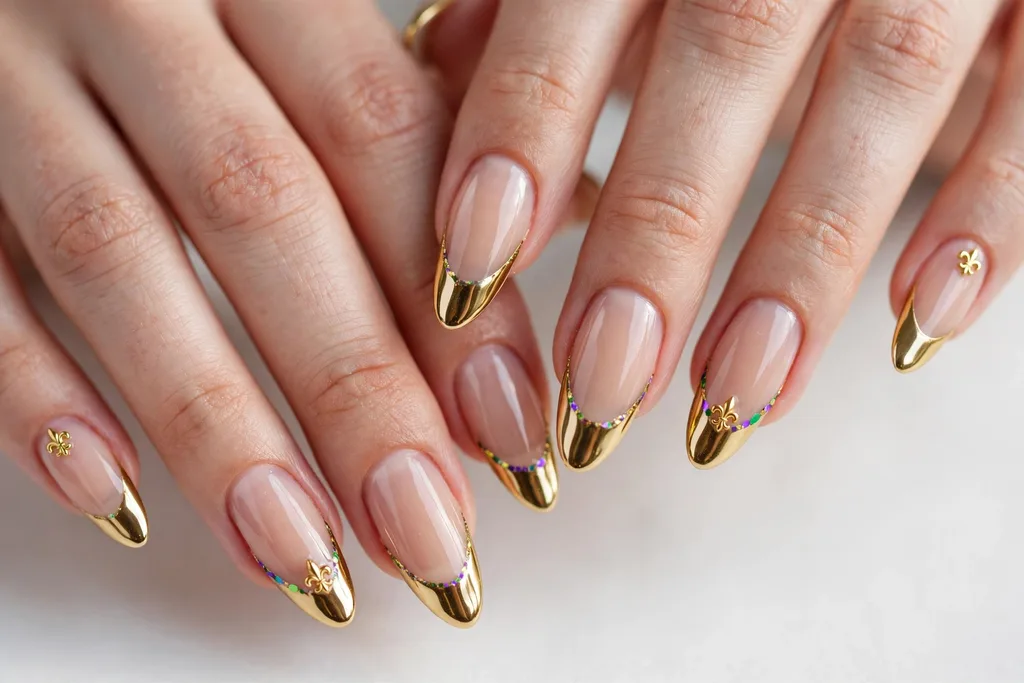 Gold Chrome Mardi Gras French Tip Nails Mardi Gras French tip nails with gold chrome mirror tips on a sheer nude base, shown on long almond nails.