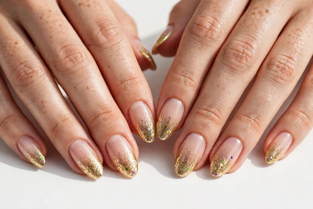 Gold Glitter Fade Mardi Gras French Tip Nails Mardi Gras French tip nails with gold glitter tips fading into a sheer nude base, shown on medium almond nails.
