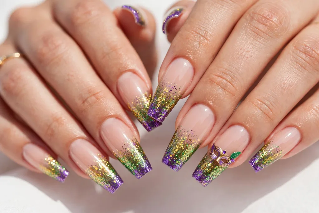 Grand Carnival Mardi Gras French Tip Nails Mardi Gras French tip nails with purple, green, and gold glitter ombre tips and a tiny mask accent on one nail, shown on long coffin nails with a sheer nude base.