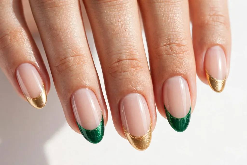 Green and Gold Two-Tone Mardi Gras French Tip Nails Mardi Gras French tip nails with alternating emerald green and gold tips on a sheer nude base, shown on medium almond nails.