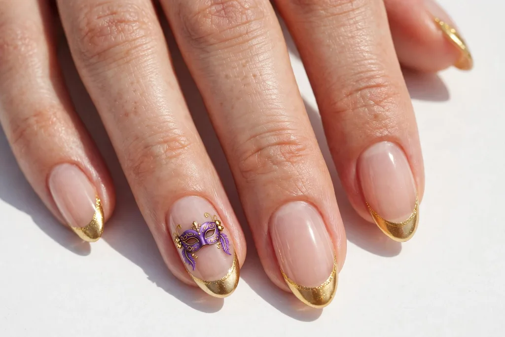 Masquerade Mask Accent Mardi Gras French Tip Nails Mardi Gras French tip nails with gold tips and a tiny purple masquerade mask painted on one accent nail, shown on medium almond nails with a sheer nude base.