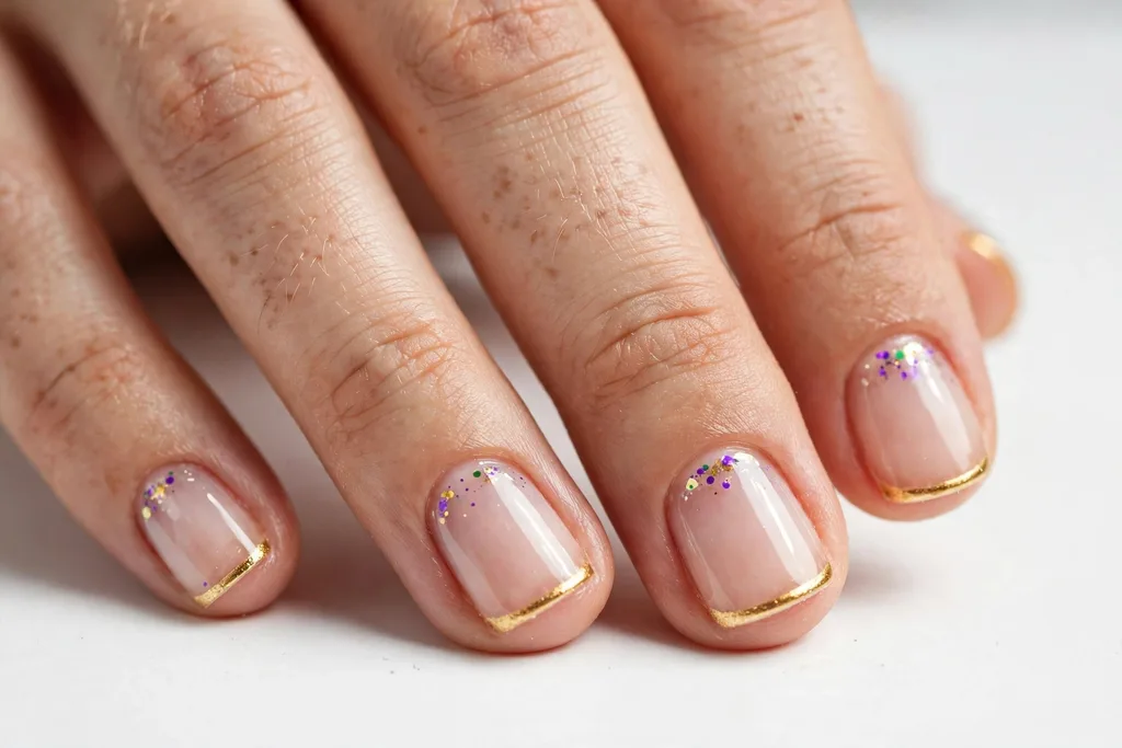 Micro Gold Mardi Gras French Tip Nails Mardi Gras French tip nails with ultra-thin gold micro tips on a clear sheer base, shown on short squoval nails.