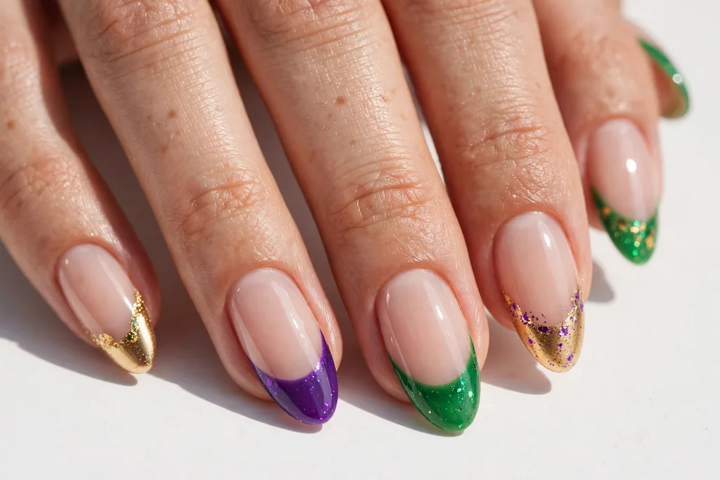 Mix-and-Match Mardi Gras French Tip Nails Mardi Gras French tip nails with a different Mardi Gras color on each nail, including purple, green, and gold, on a sheer nude base, shown on medium almond nails.