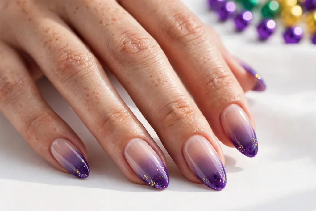 Purple Ombre Mardi Gras French Tip Nails Mardi Gras French tip nails with purple ombre tips fading from deep violet into a sheer nude base, shown on medium almond nails.