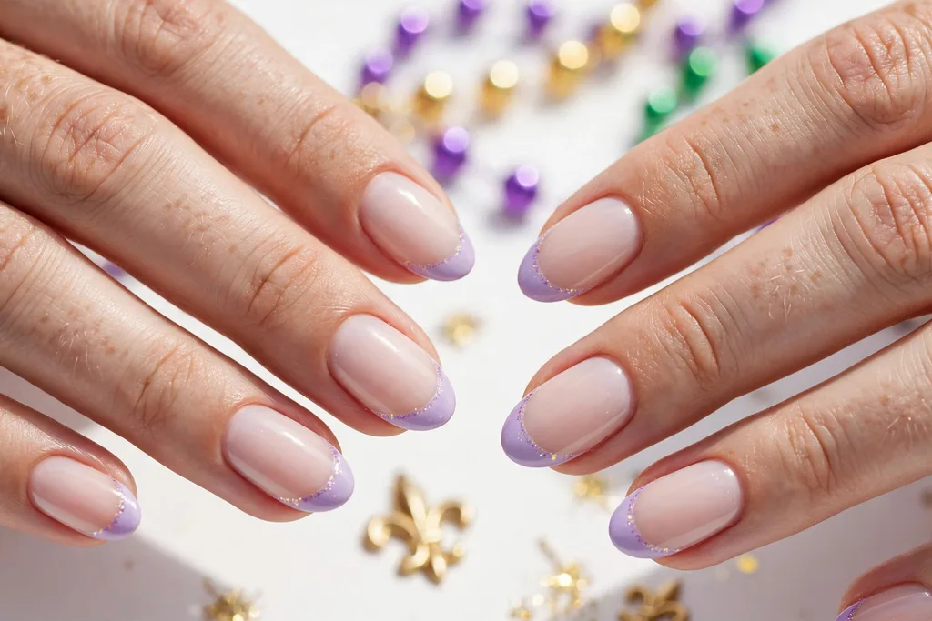Soft Lavender Mardi Gras French Tip Nails Mardi Gras French tip nails with soft lavender tips on a milky nude base, shown on medium oval nails.