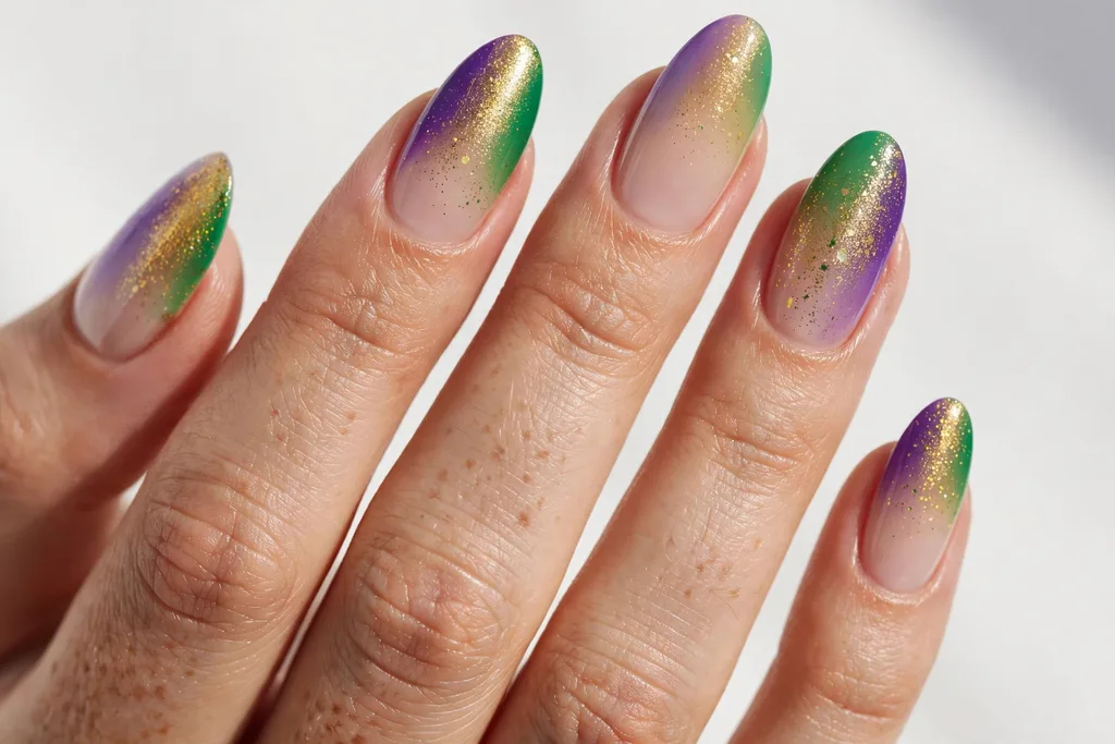 Three-Color Ombre Mardi Gras French Tip Nails Mardi Gras French tip nails with ombre tips blending purple, green, and gold on a sheer nude base, shown on medium almond nails.
