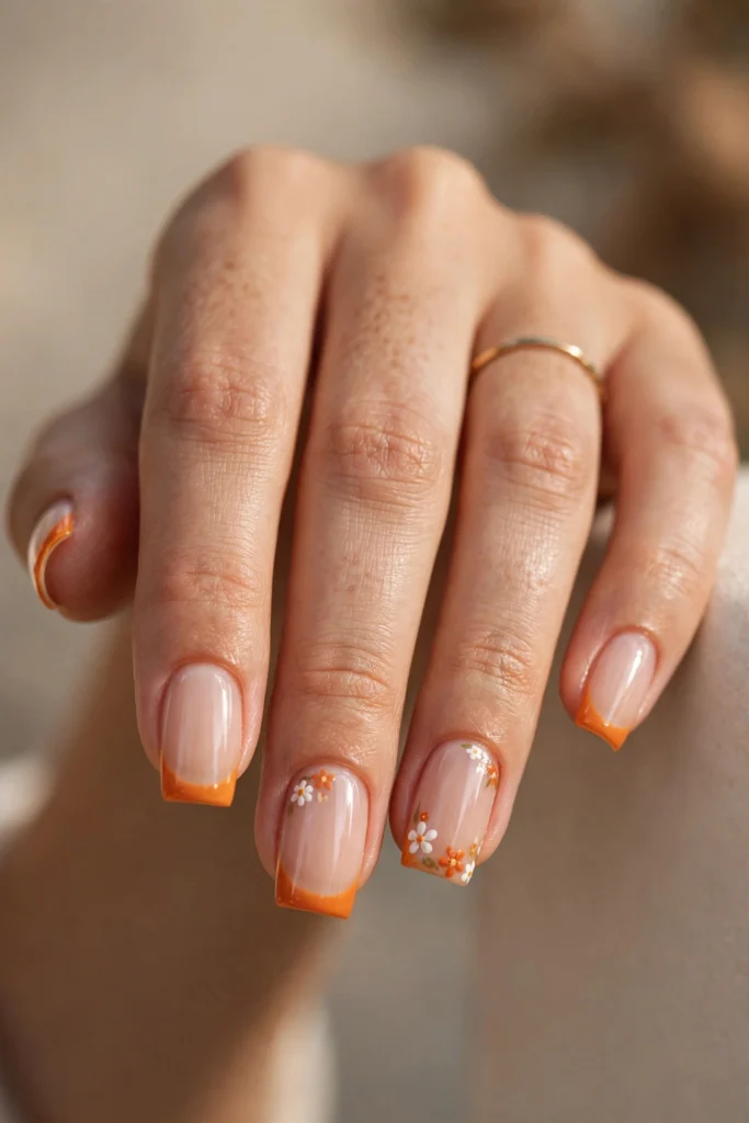 Close-up of medium square nails with marigold orange French tips and tiny hand-painted floral accents