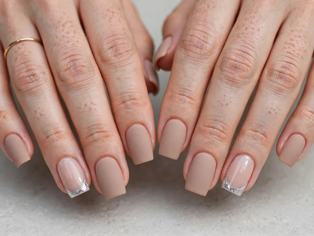 Matte nude nails with glossy glitter French tips on two accent nails