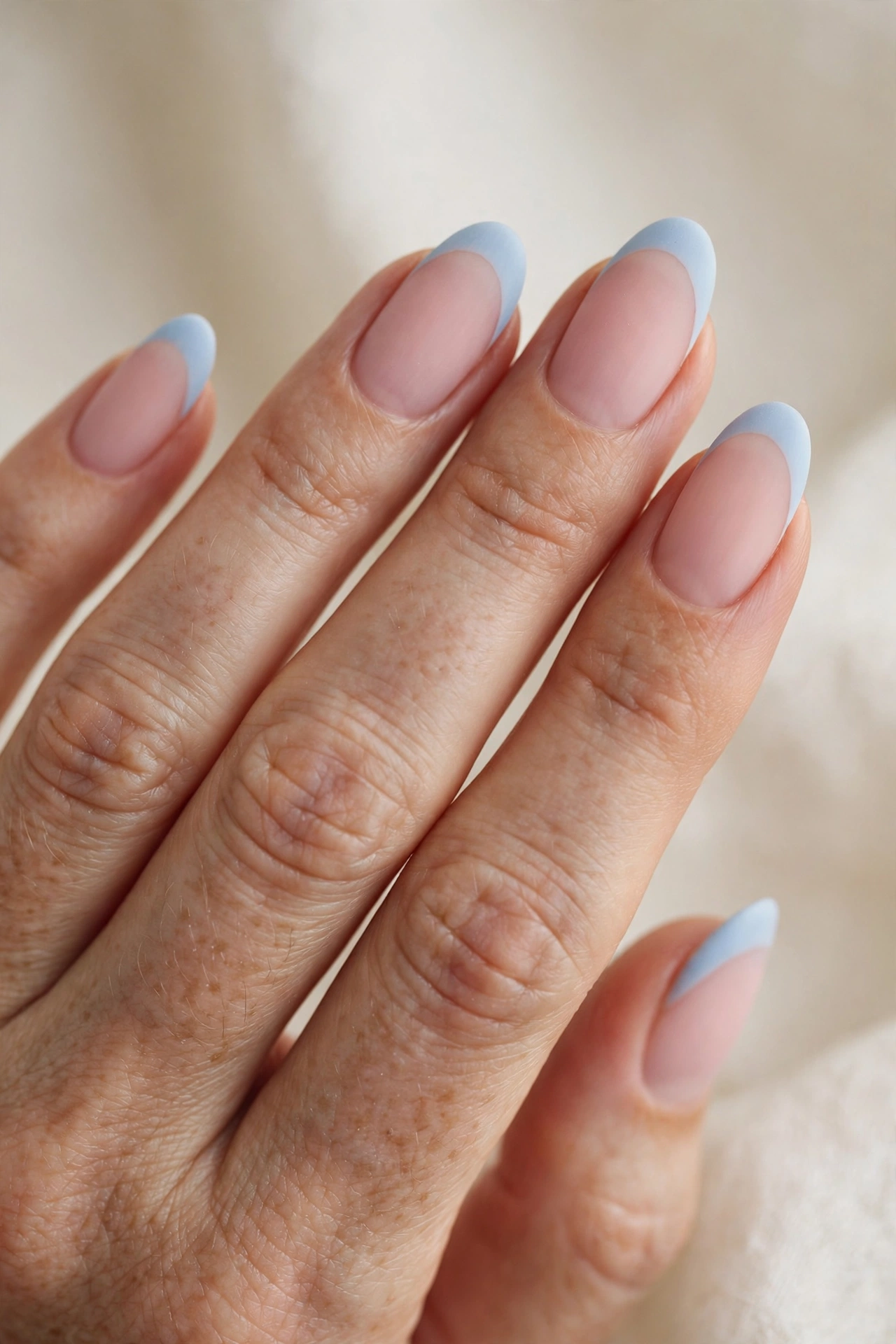 Oval nails with velvety matte baby blue French tips over a sheer blush pink base.