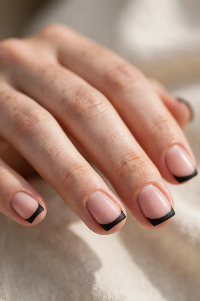 Short square nails with matte black French tips over a natural pink base.