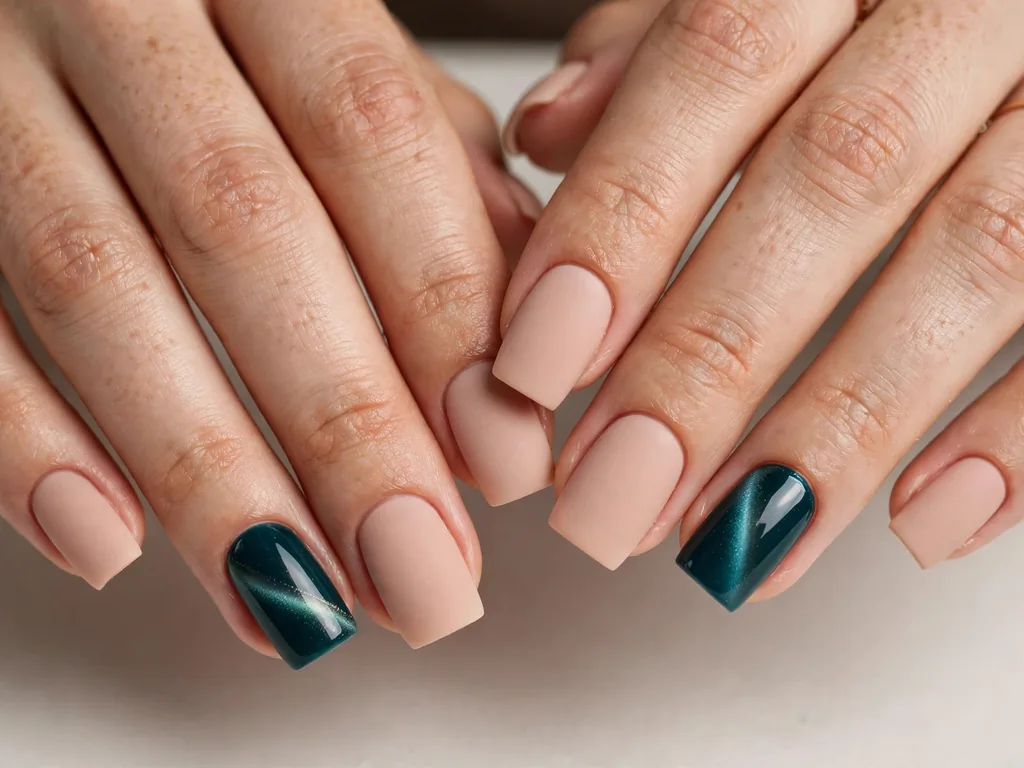 French tip nails mixing matte nude nails with glossy cat eye tips