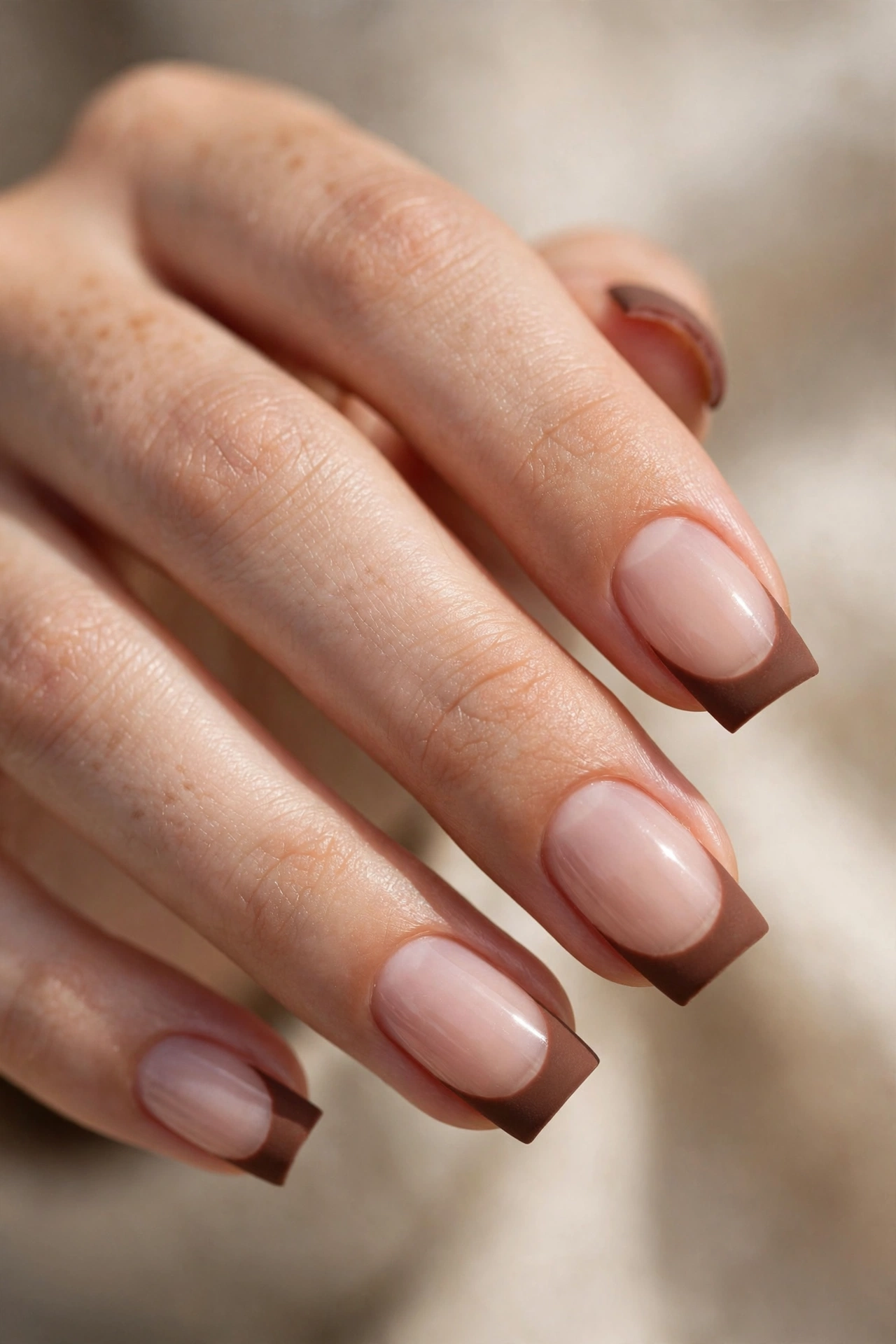 Close-up of square nails with matte cocoa-brown French tips