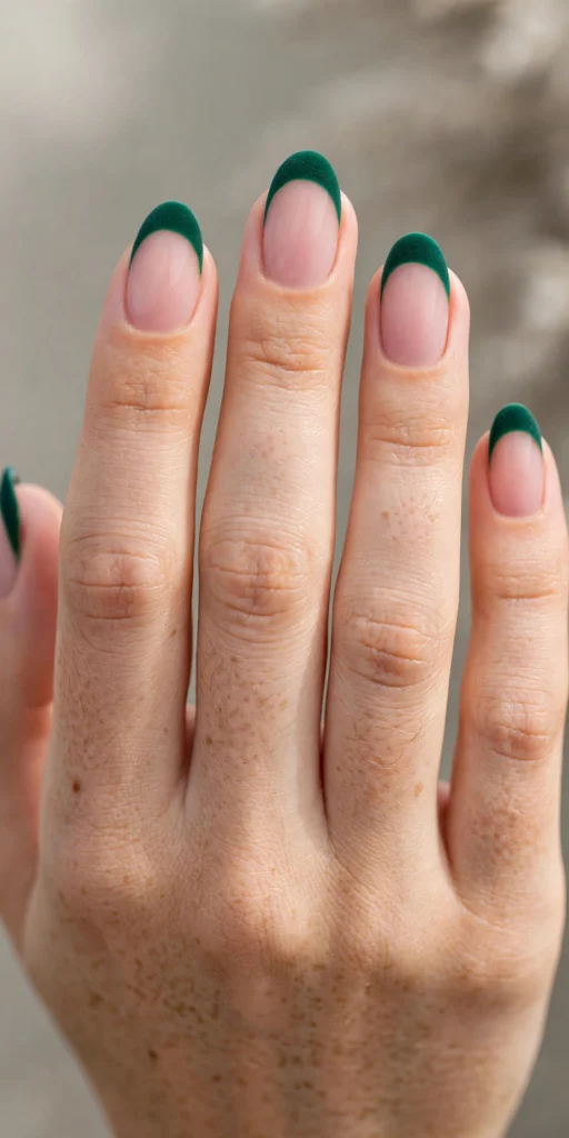 Oval nails with velvety matte emerald green French tips over a sheer blush pink base.