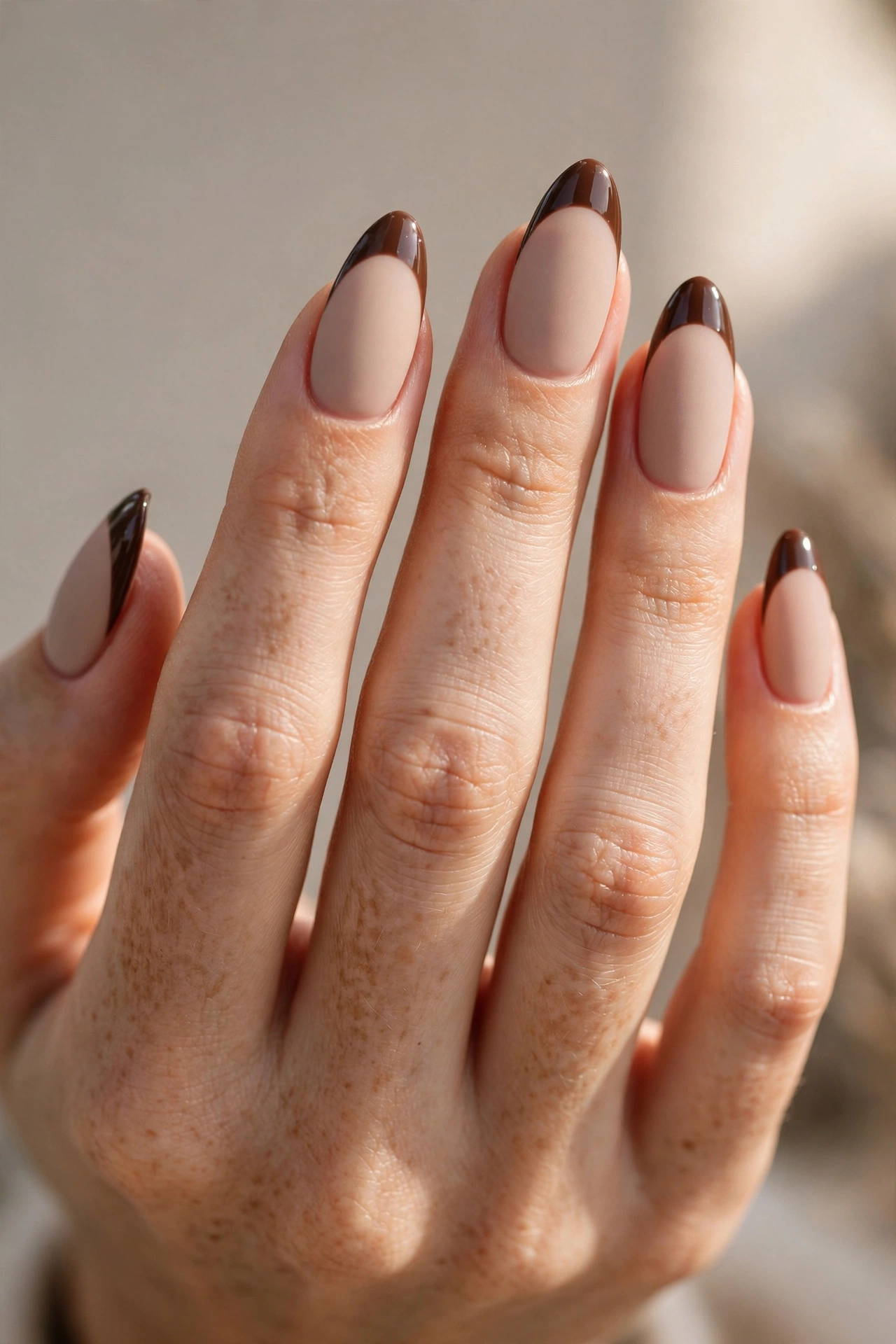 Close-up of almond nails with a matte nude base and high-gloss chocolate-brown French tips