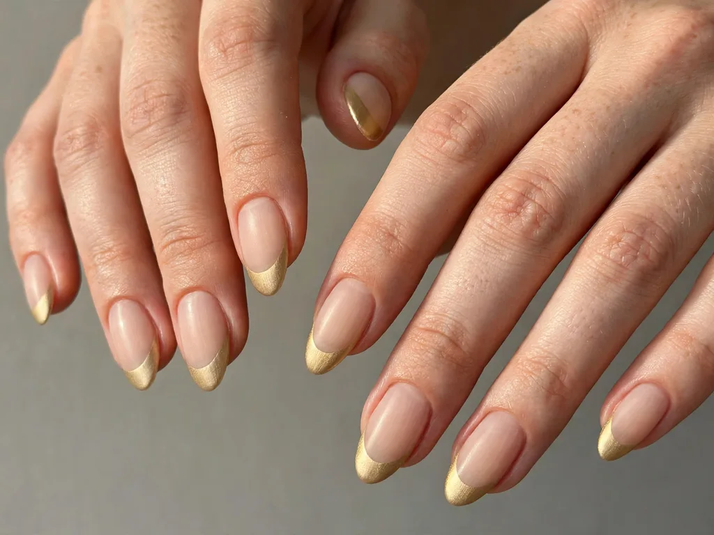 Matte gold French tip nails with a soft satin finish on almond nails