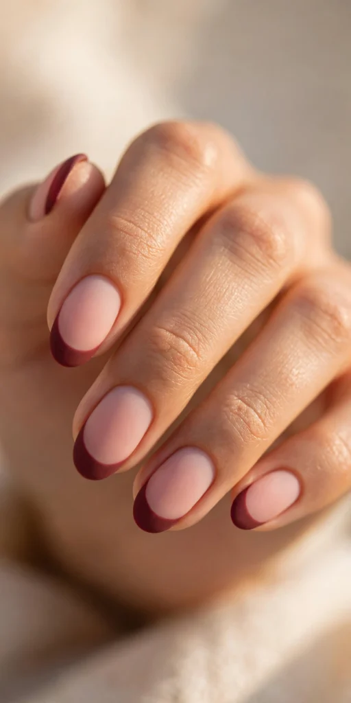 Oval nails with velvety matte maroon French tips over a sheer blush pink base.