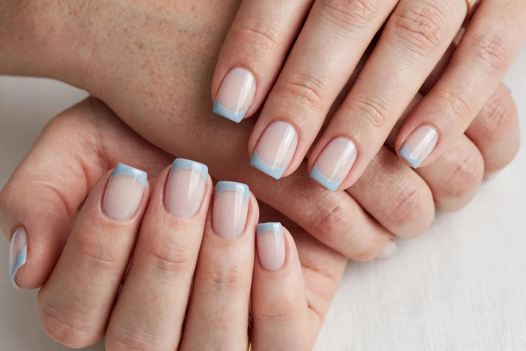 Memorial Day French tip nails with pale chambray blue tips on a milky nude base, shown on short square nails.