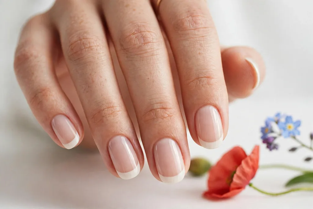 Memorial Day French tip nails with soft cream white tips on a sheer nude base, shown on medium oval nails.