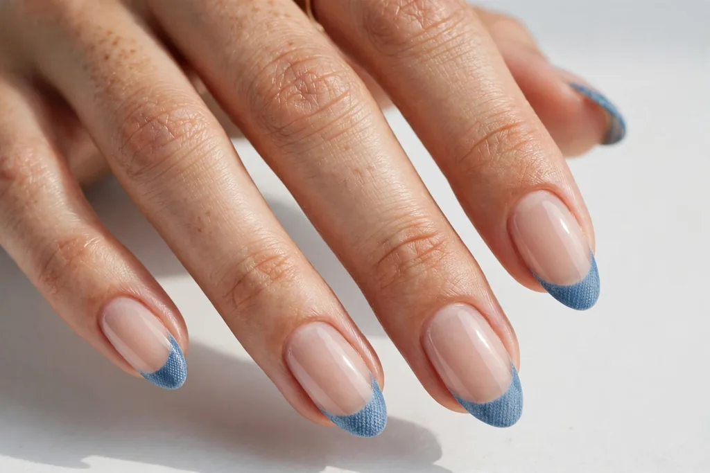 Memorial Day French tip nails with washed denim blue tips on a sheer nude base, shown on medium almond nails.