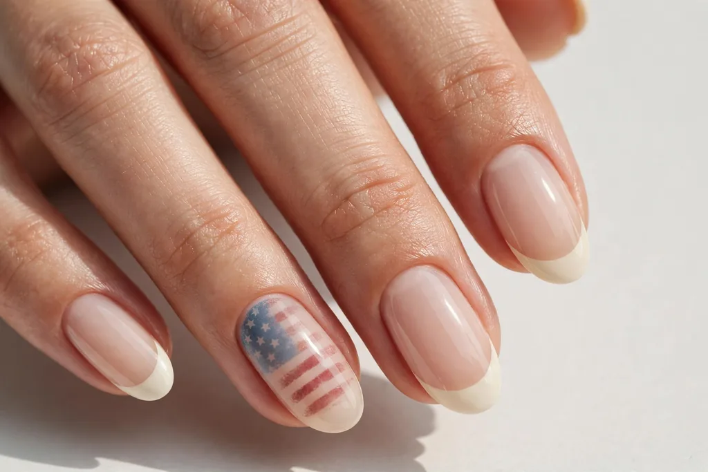 Memorial Day French tip nails with cream tips and one accent nail painted as a soft faded flag with muted red stripes and a denim blue corner, shown on medium almond nails with a sheer nude base.