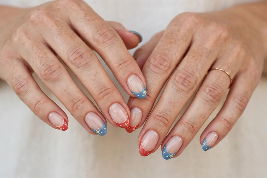 Memorial Day French tip nails with soft denim blue and coral-red tips and cream accents on a sheer nude base, shown on a woman's hands against a white and light beige background.
