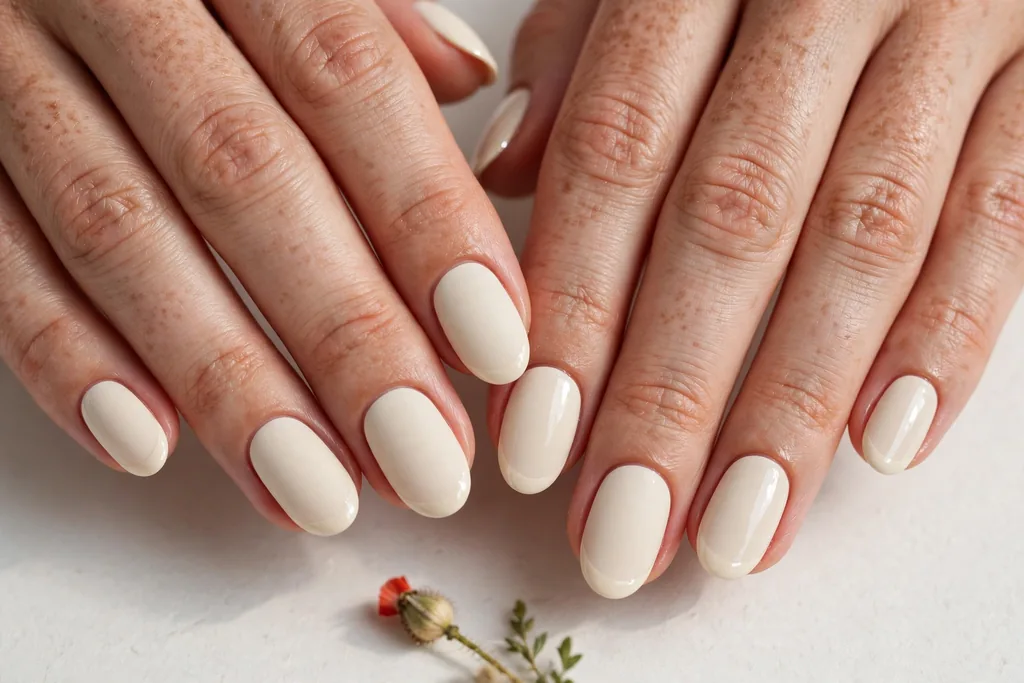 Memorial Day nails in matte cream with a glossy cream French tip in the same shade for a subtle finish contrast, shown on medium oval nails.
