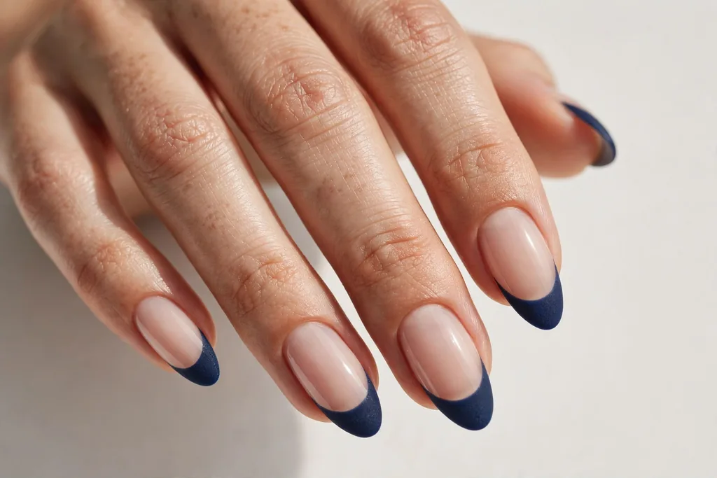 Memorial Day French tip nails with deep navy tips finished matte on a sheer nude base, shown on medium almond nails.