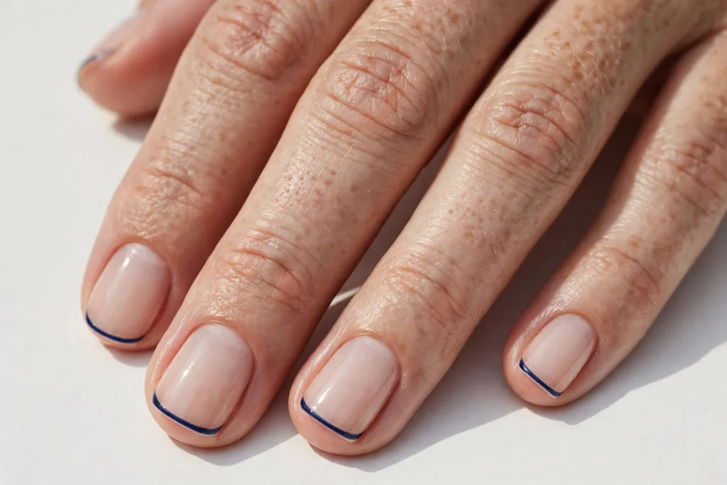Memorial Day French tip nails with an ultra-thin navy micro line at the tips on a sheer nude base, shown on short squoval nails.