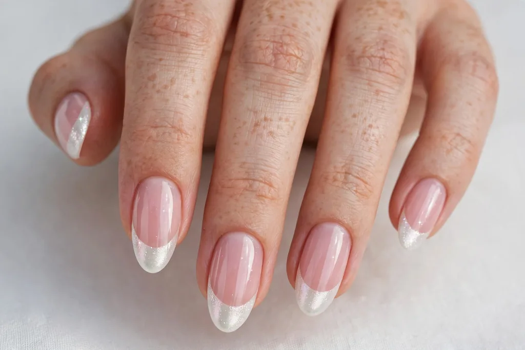 Memorial Day French tip nails with pearl white shimmer tips on a sheer pink base, shown on medium almond nails.