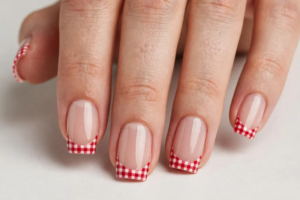 Memorial Day French tip nails with red and white gingham check tips on a sheer nude base, shown on medium square nails.