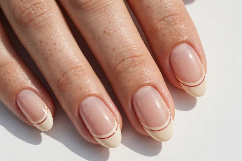 Memorial Day French tip nails with cream tips and a thin soft red line beneath the smile line on a sheer nude base, shown on medium almond nails.