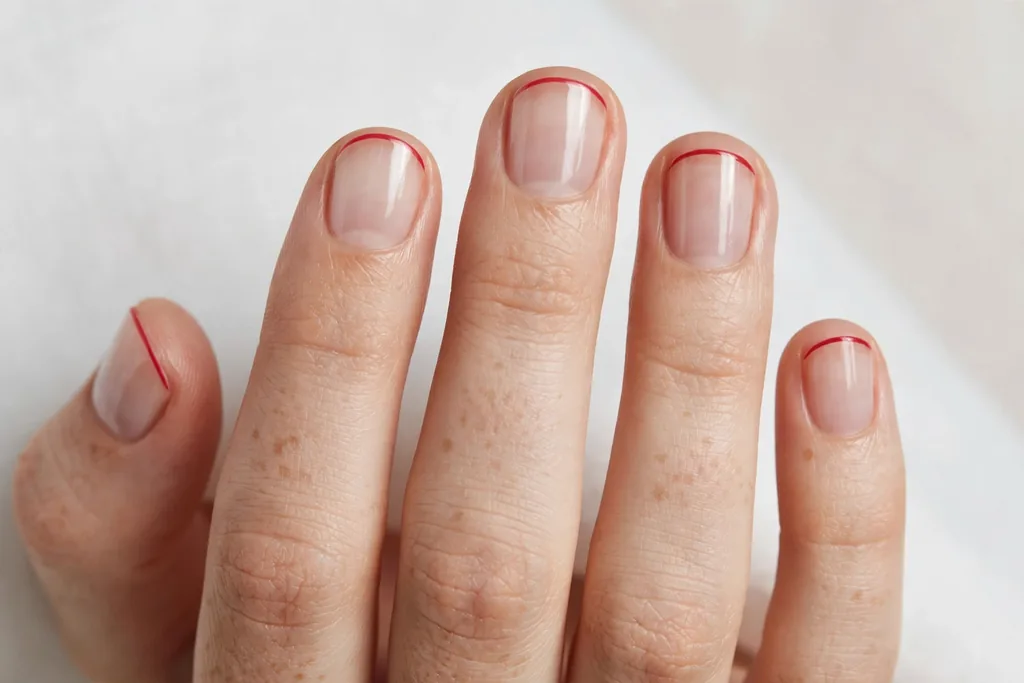 Memorial Day French tip nails with an ultra-thin soft red micro line at the tips on a clear sheer base, shown on short round nails.
