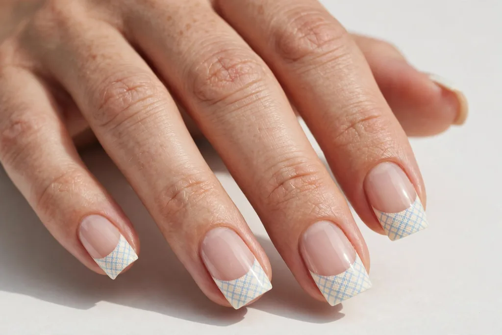Memorial Day French tip nails with cream tips crossed by thin pale blue seersucker stripes on a sheer nude base, shown on medium square nails.
