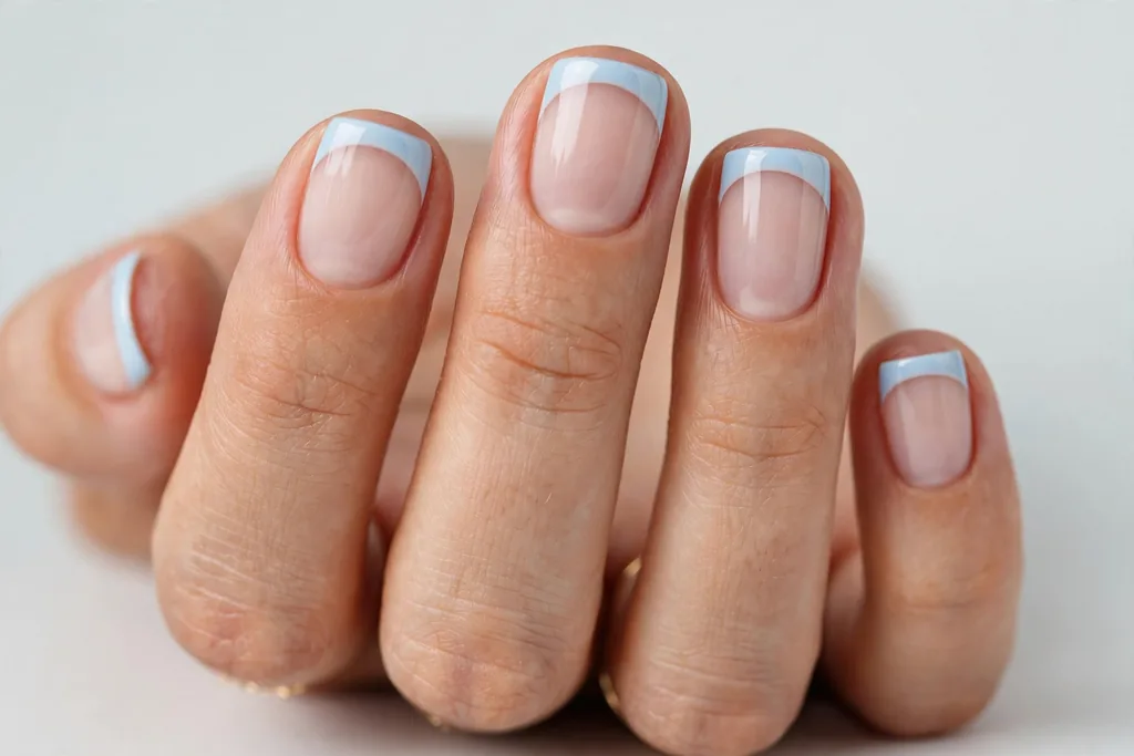 Memorial Day French tip nails with pale sky blue tips on a sheer nude base, shown on short squoval nails.