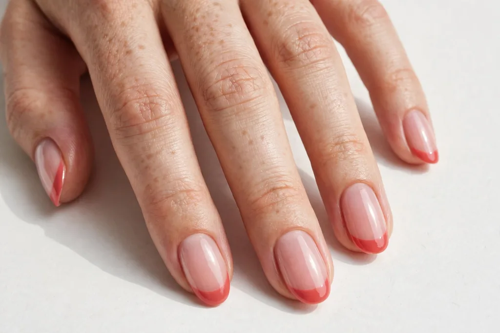 Memorial Day French tip nails with soft coral-red tips on a sheer pink base, shown on medium oval nails.