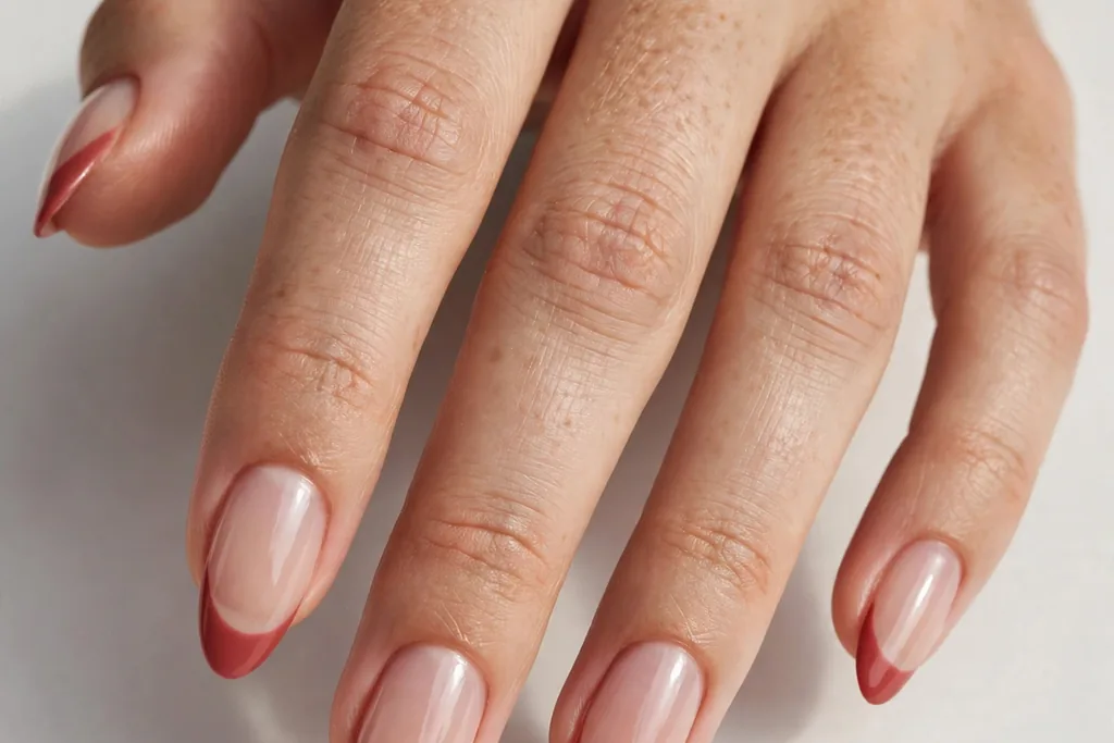 Memorial Day French tip nails with muted soft red tips on a sheer nude base, shown on medium almond nails.