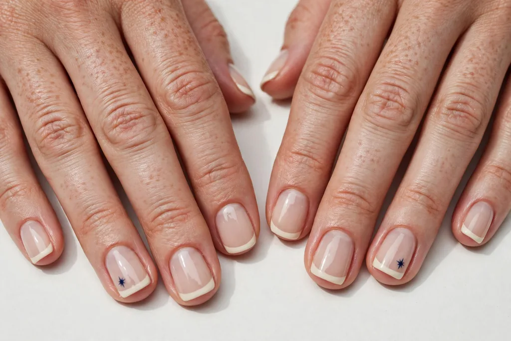 Memorial Day French tip nails with cream white tips and one tiny navy star painted on each ring finger, shown on short squoval nails with a sheer nude base.