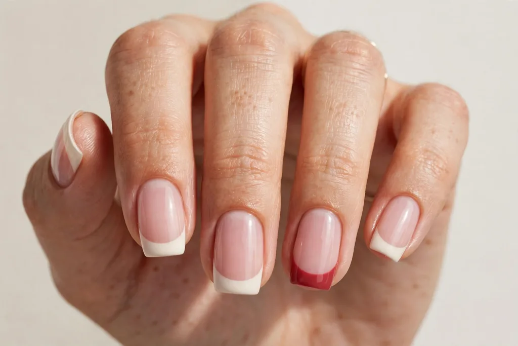 Memorial Day French tip nails with cream white tips and one soft red tip on the ring finger, shown on medium squoval nails with a sheer pink base.