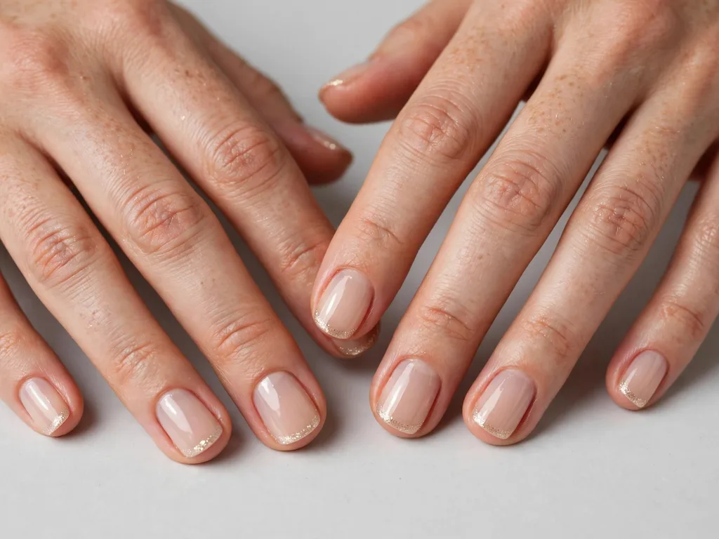 Short squoval nails with subtle champagne micro-glitter French tips