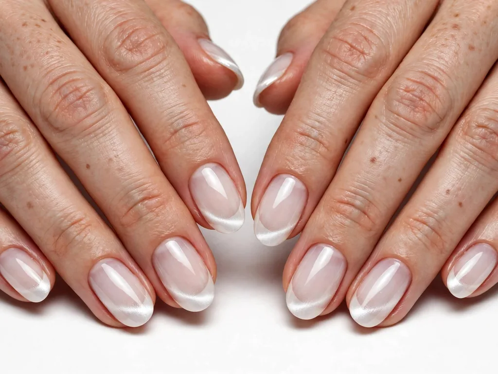 Milky white cat eye French tip nails with a soft pearl glow on oval nails