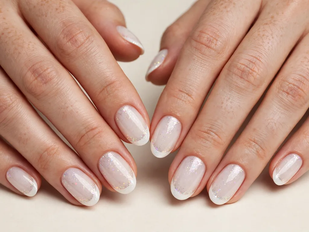Milky white French tip nails with fine iridescent glitter on oval nails