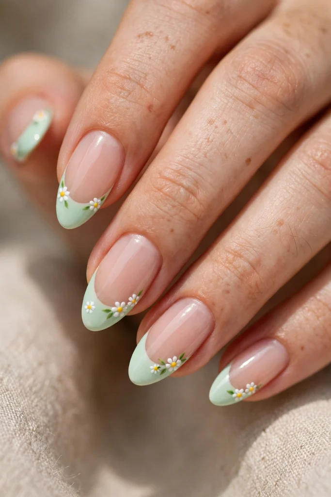 Almond nails with pastel mint green French tips decorated with tiny white daisy flowers.