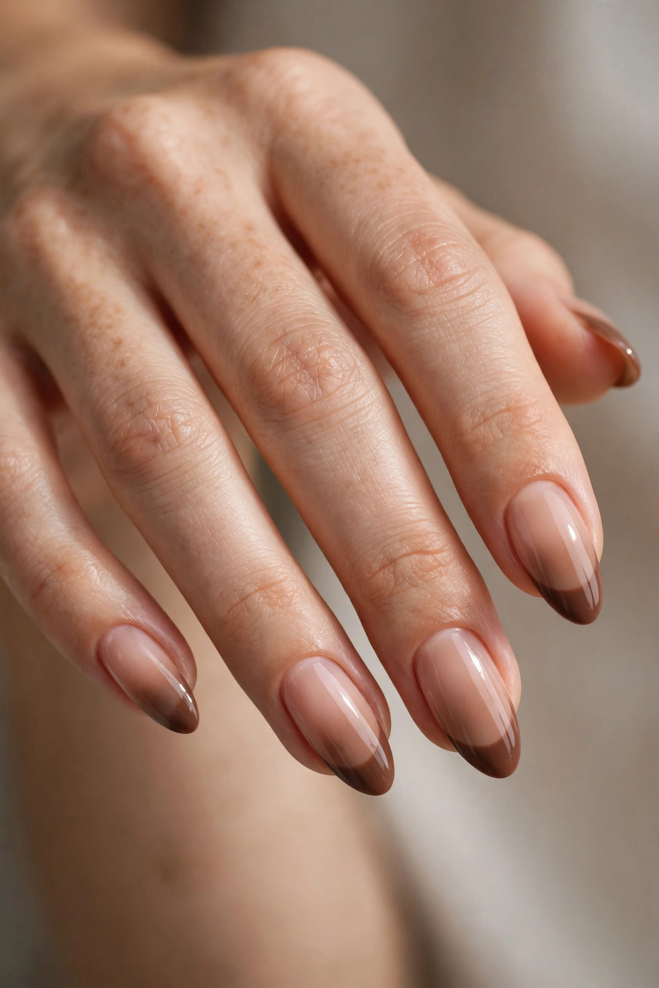 Close-up of almond nails with a mocha-brown ombré fade from a nude base