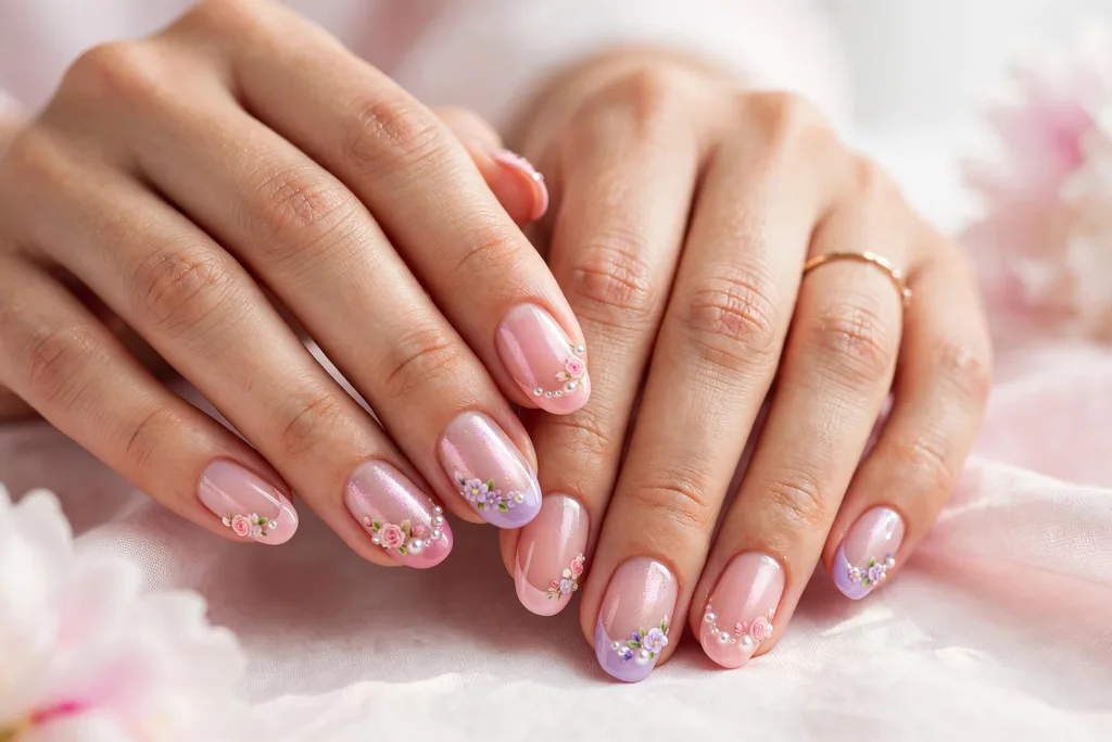 Mother's Day French tip nails with blush pink, rose and lilac tips, pearl shimmer and tiny floral art on a sheer pink base, shown on a woman's hands against a white and soft pink background.