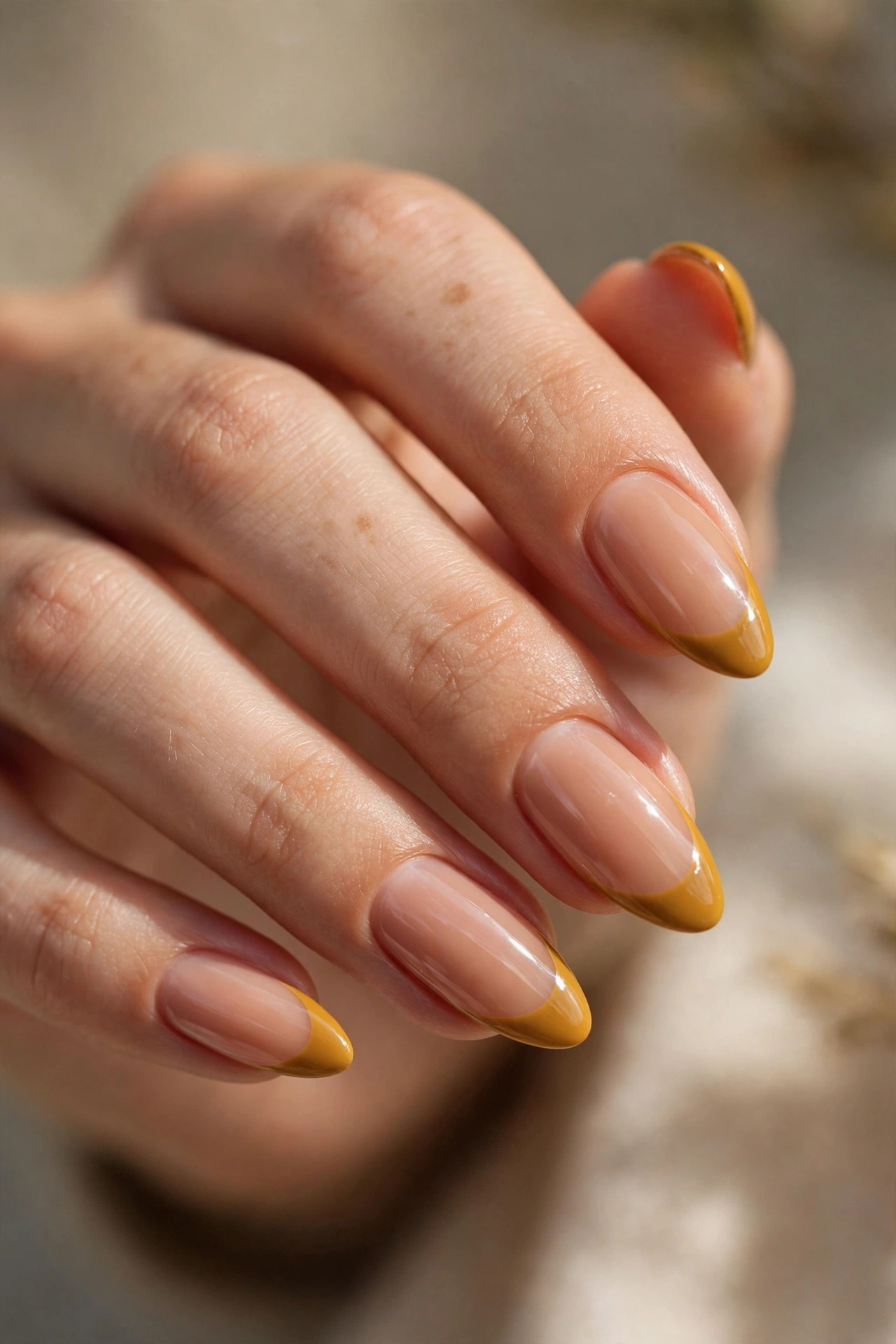 Almond nails with rich mustard-yellow French tips over a warm nude base.